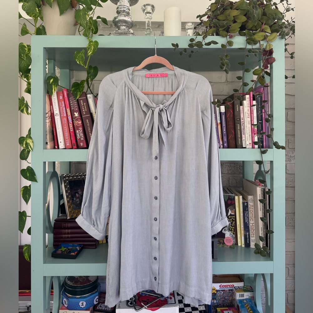 BURU Light Blue and white striped Button-Up Dress with Tie